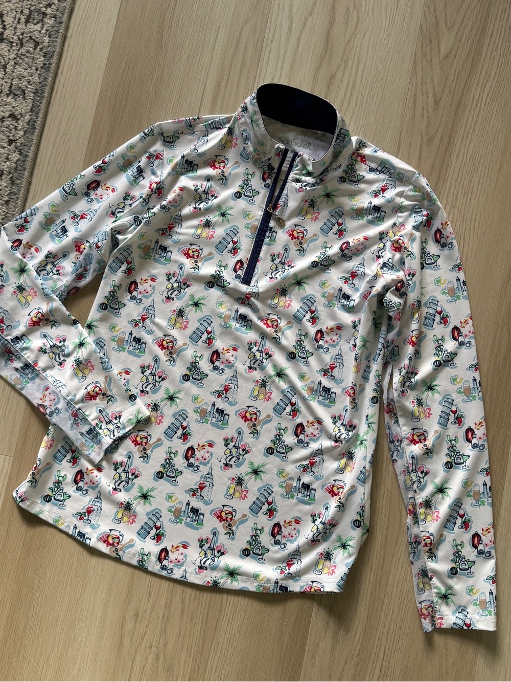 San Soleil vacation holiday 1/4 Zip Pullover top UPF50 Pisa Eiffel tropical m